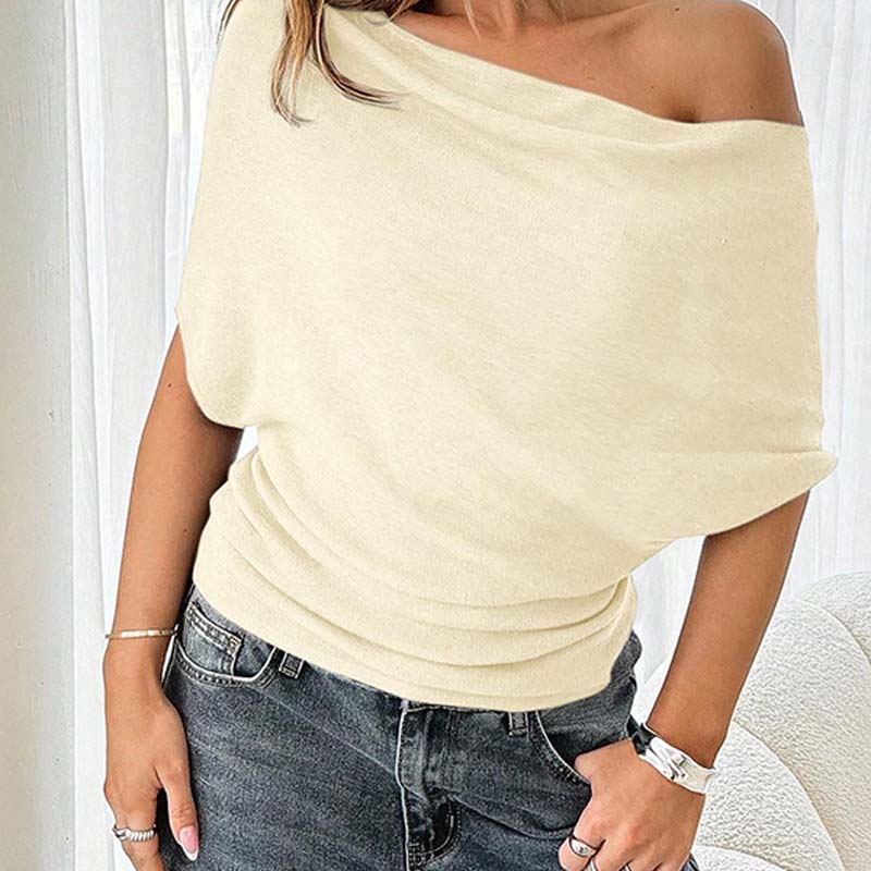 Gray Asymmetrical Off-Shoulder Batwing Top – Chic Ribbed Knit Women's Summer Top