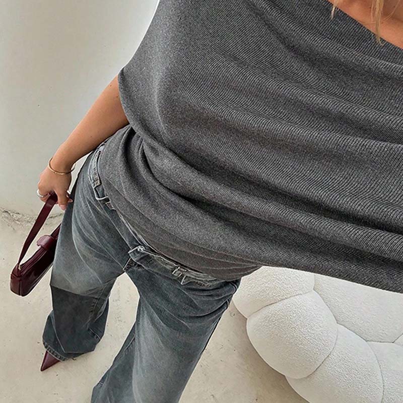 Gray Asymmetrical Off-Shoulder Batwing Top – Chic Ribbed Knit Women's Summer Top