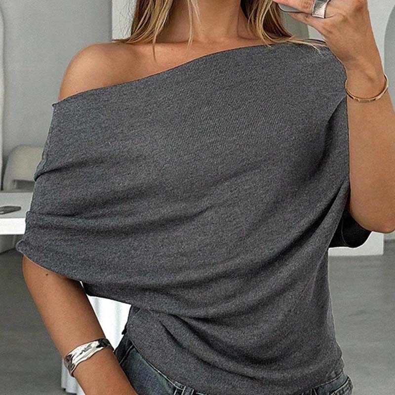 Gray Asymmetrical Off-Shoulder Batwing Top – Chic Ribbed Knit Women's Summer Top