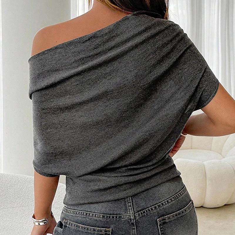 Gray Asymmetrical Off-Shoulder Batwing Top – Chic Ribbed Knit Women's Summer Top