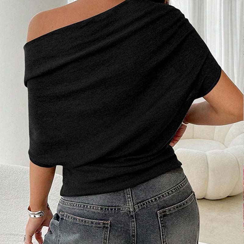 Gray Asymmetrical Off-Shoulder Batwing Top – Chic Ribbed Knit Women's Summer Top