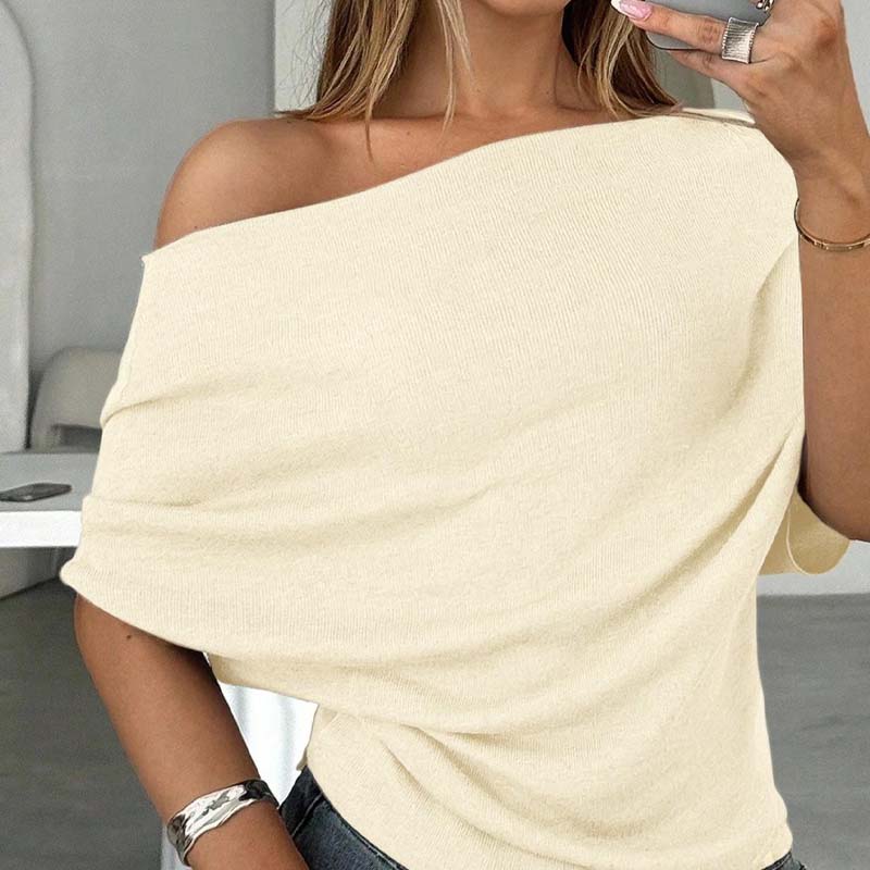 Gray Asymmetrical Off-Shoulder Batwing Top – Chic Ribbed Knit Women's Summer Top