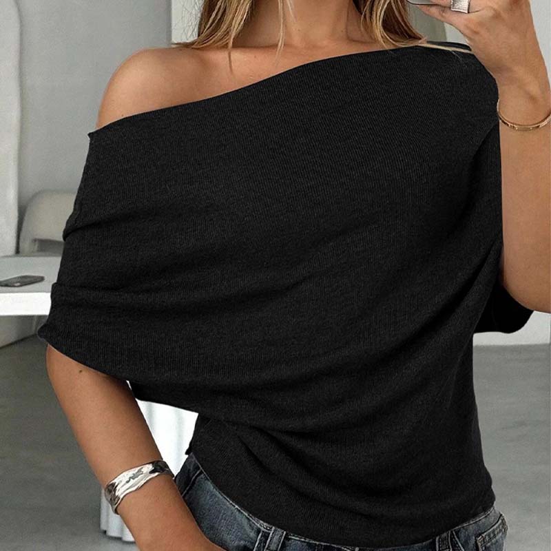 Gray Asymmetrical Off-Shoulder Batwing Top – Chic Ribbed Knit Women's Summer Top