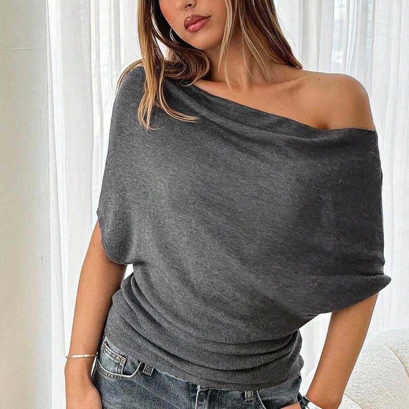 Gray Asymmetrical Off-Shoulder Batwing Top – Chic Ribbed Knit Women's Summer Top