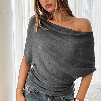 Gray Asymmetrical Off-Shoulder Batwing Top – Chic Ribbed Knit Women's Summer Top