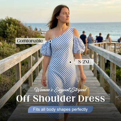 Sophia Blue Striped Off Shoulder Flowy Summer Dress
