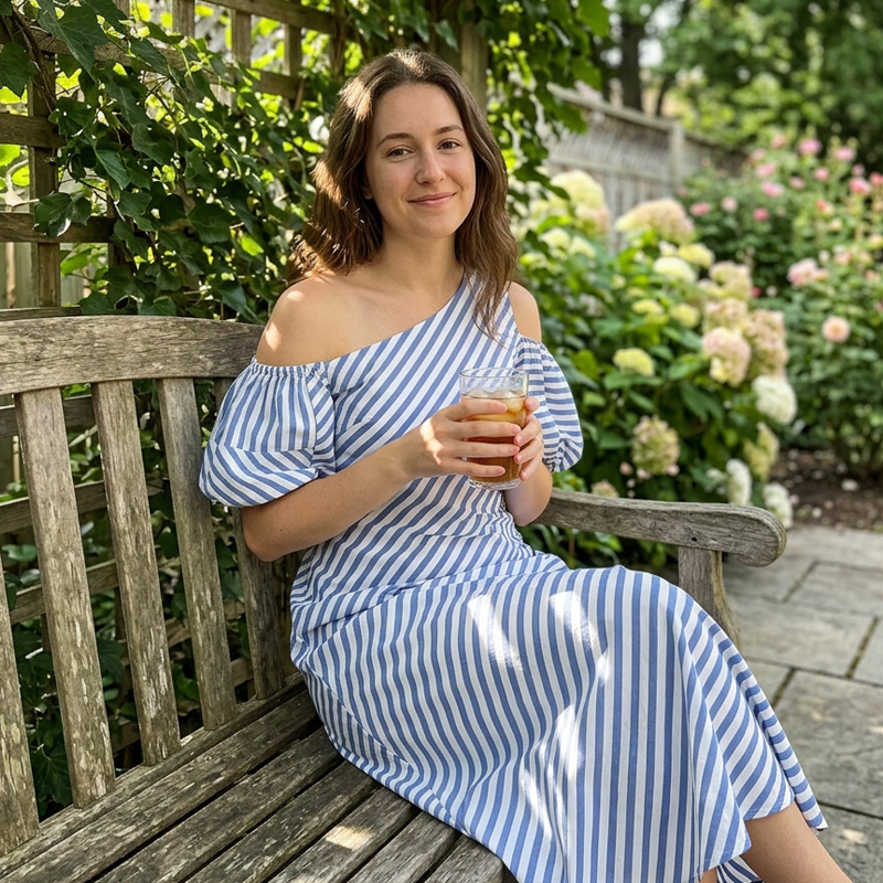 Sophia Blue Striped Off Shoulder Flowy Summer Dress