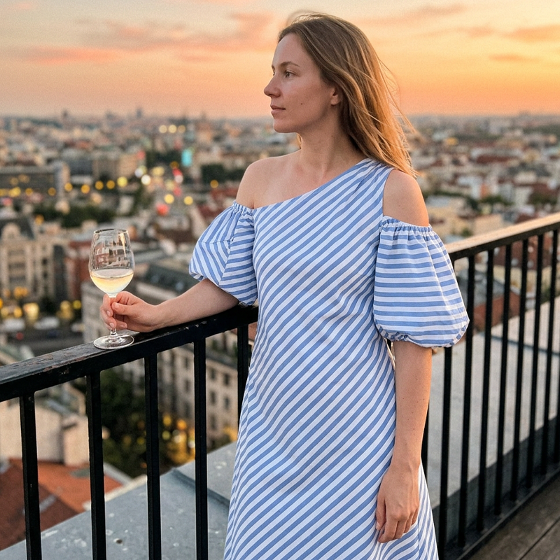 Sophia Blue Striped Off Shoulder Flowy Summer Dress