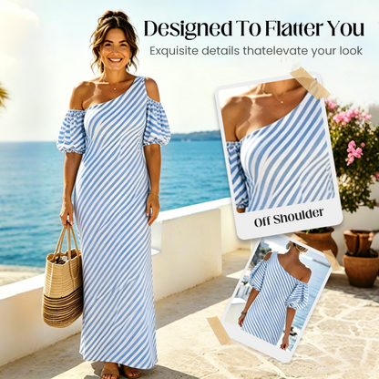 Sophia Blue Striped Off Shoulder Flowy Summer Dress
