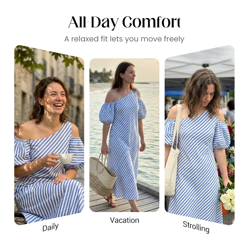 Sophia Blue Striped Off Shoulder Flowy Summer Dress