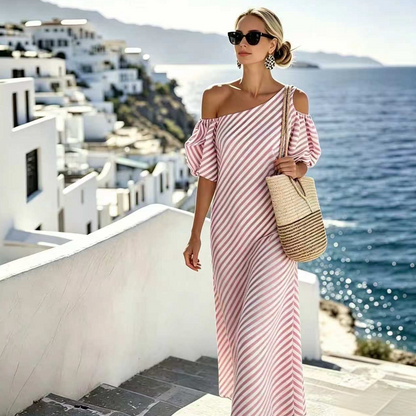 Sophia Blue Striped Off Shoulder Flowy Summer Dress