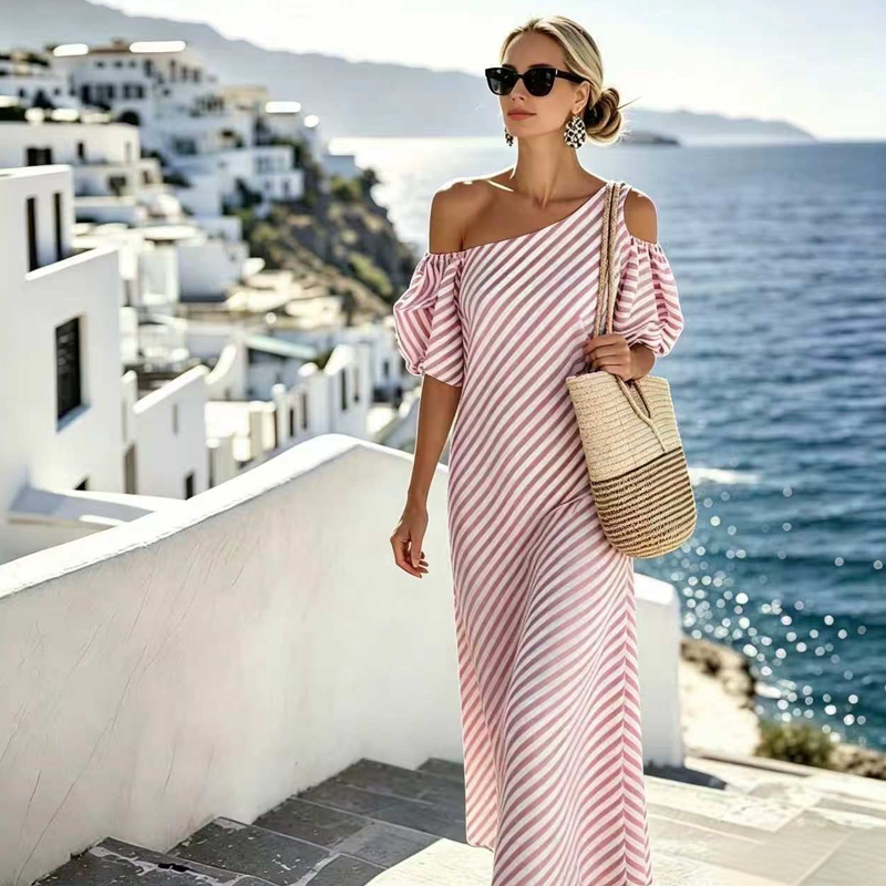 Sophia Blue Striped Off Shoulder Flowy Summer Dress