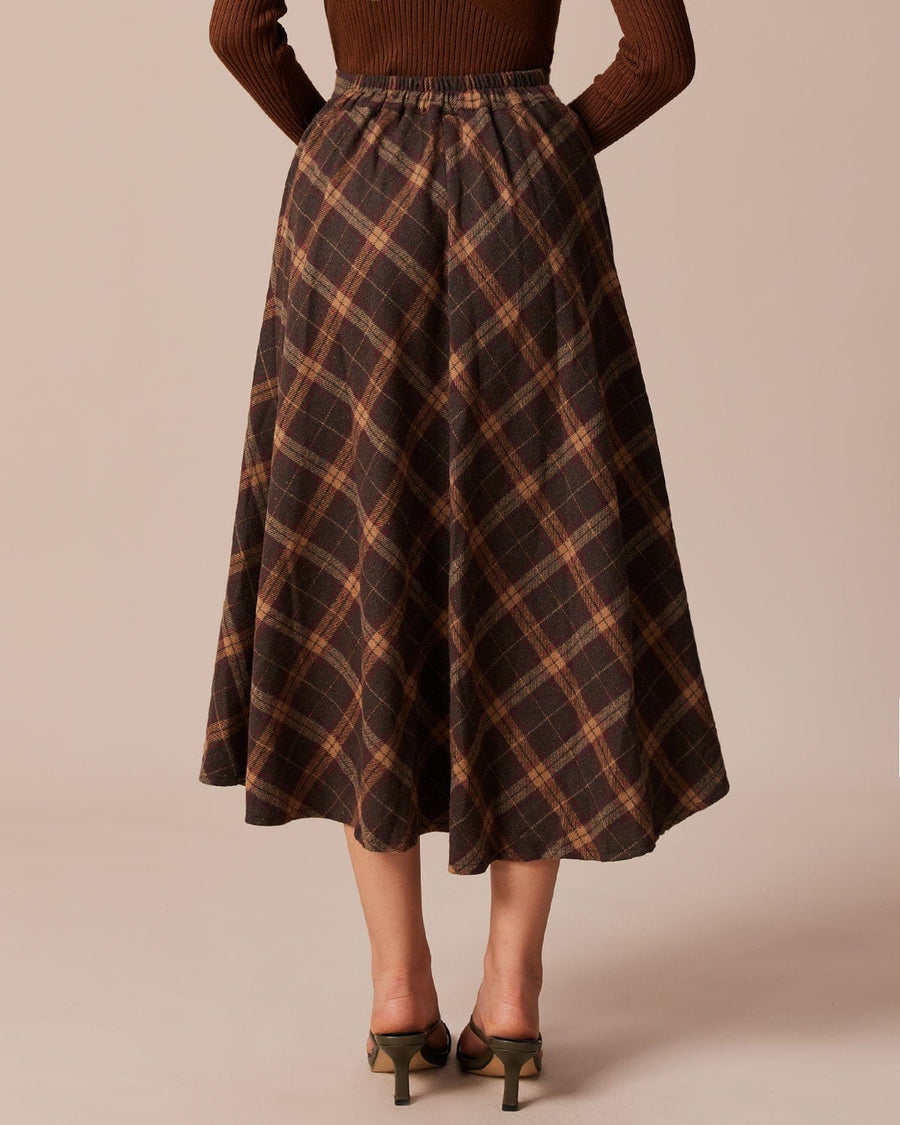 Brown Plaid Elastic Waist A-Line Midi Skirt