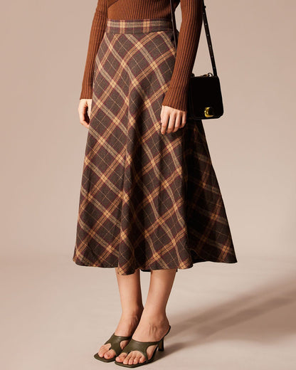 Brown Plaid Elastic Waist A-Line Midi Skirt