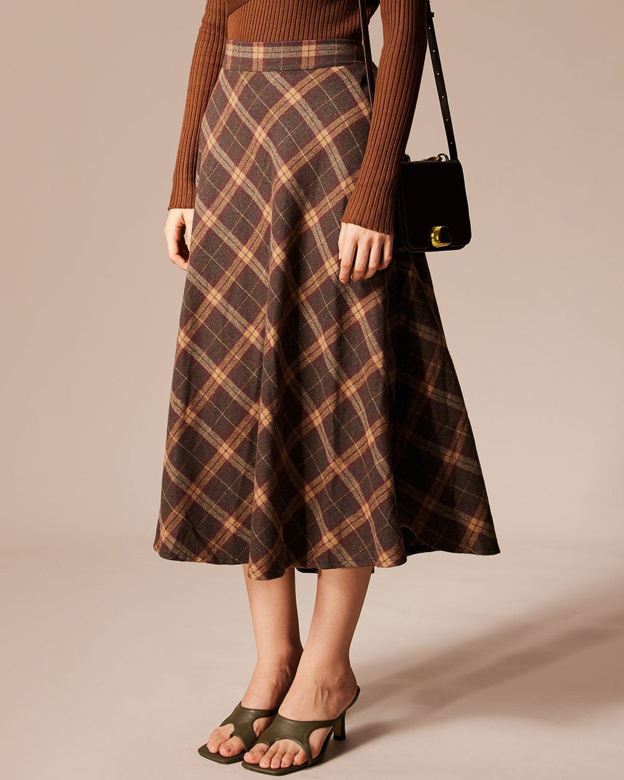 Brown Plaid Elastic Waist A-Line Midi Skirt