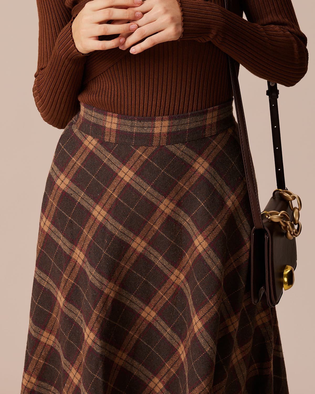 Brown Plaid Elastic Waist A-Line Midi Skirt