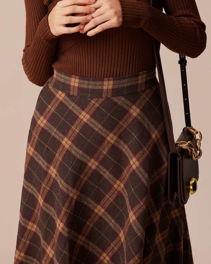 Brown Plaid Elastic Waist A-Line Midi Skirt