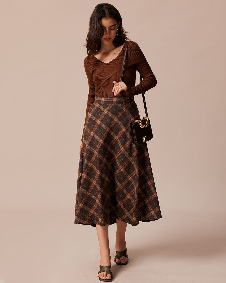 Brown Plaid Elastic Waist A-Line Midi Skirt