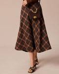 Brown Plaid Elastic Waist A-Line Midi Skirt