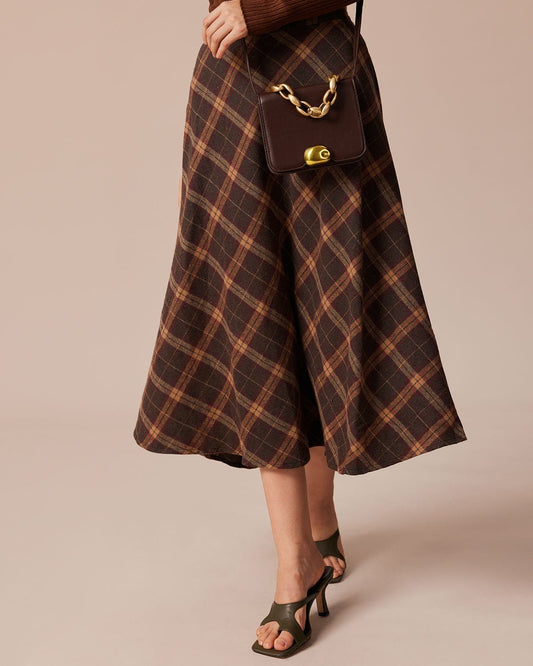 Brown Plaid Elastic Waist A-Line Midi Skirt