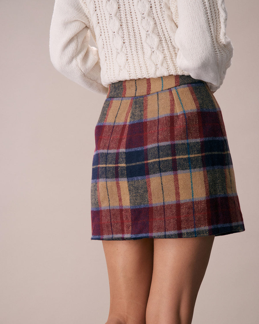 Red Plaid Zipper Fly Tweed Mini Skirt