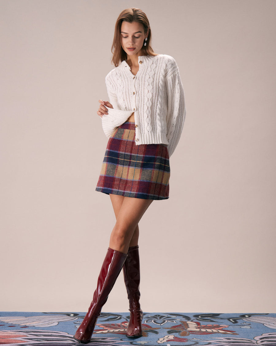 Red Plaid Zipper Fly Tweed Mini Skirt