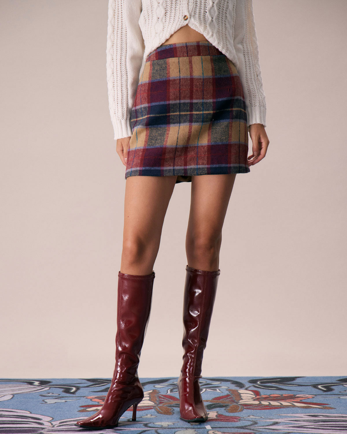 Red Plaid Zipper Fly Tweed Mini Skirt