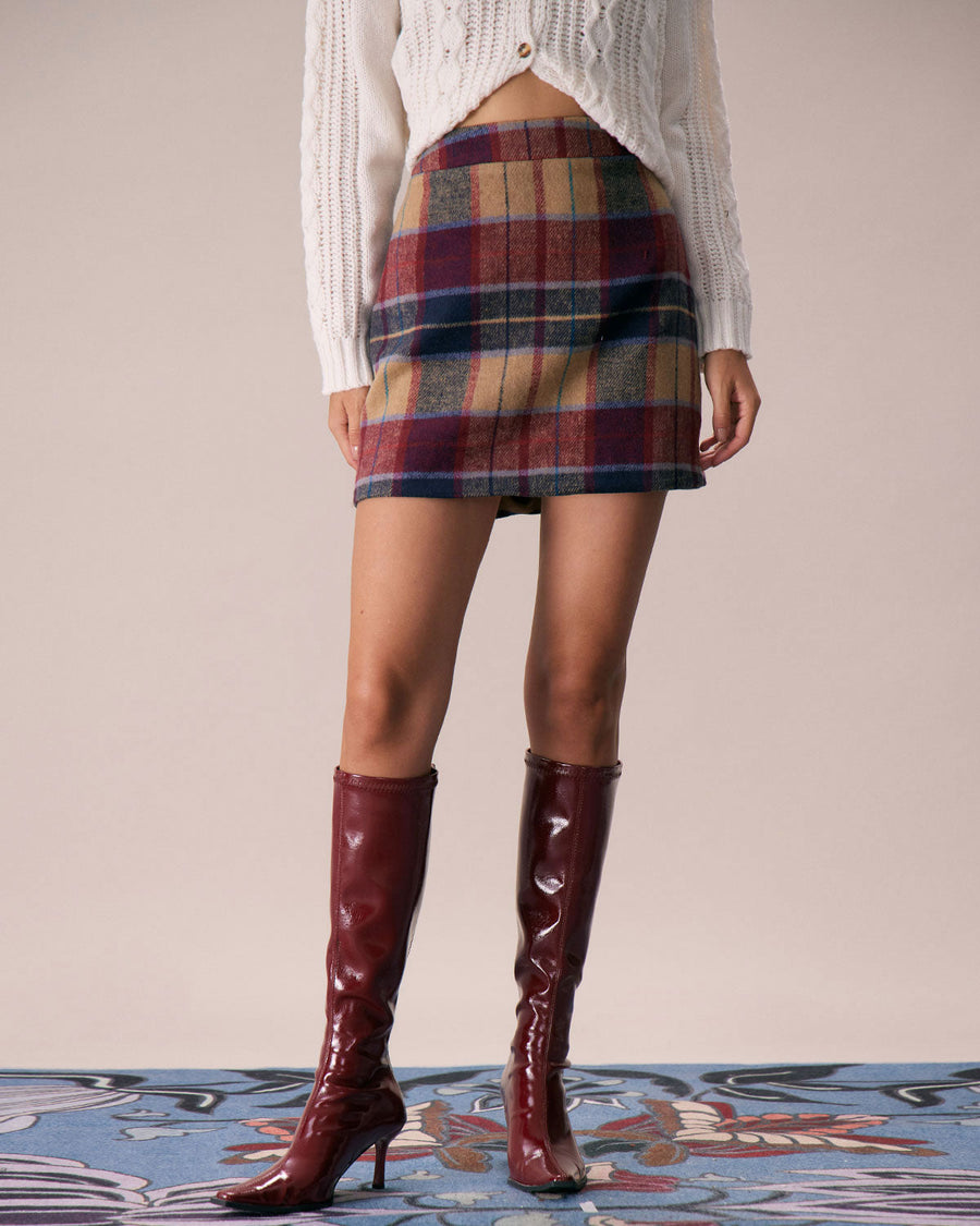 Red Plaid Zipper Fly Tweed Mini Skirt