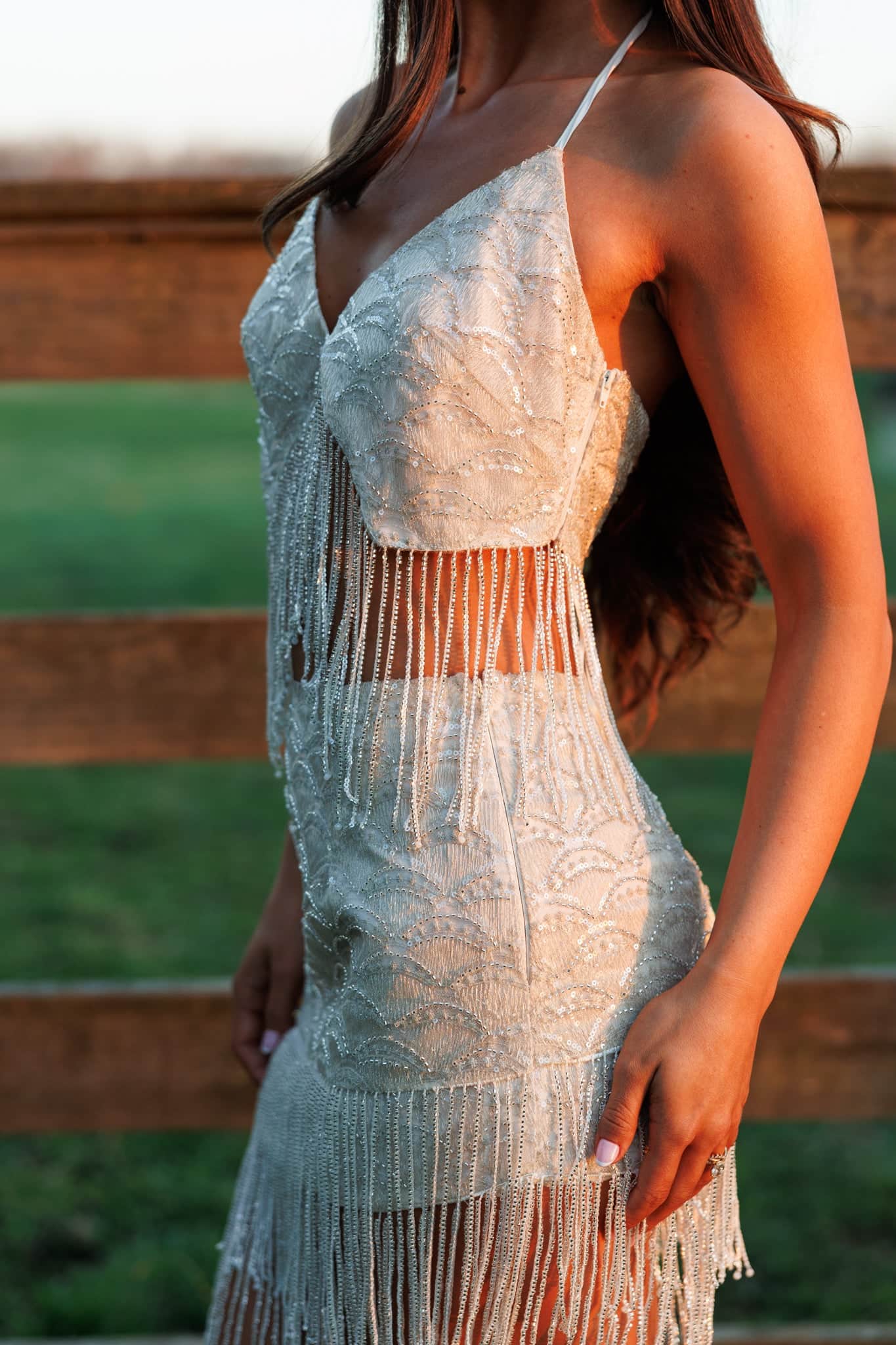 Silver Sequin Fringe Halter Neck Top