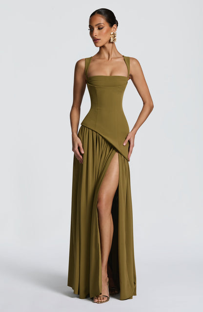 Sophia Maxi Summer Dress in Deep Olive