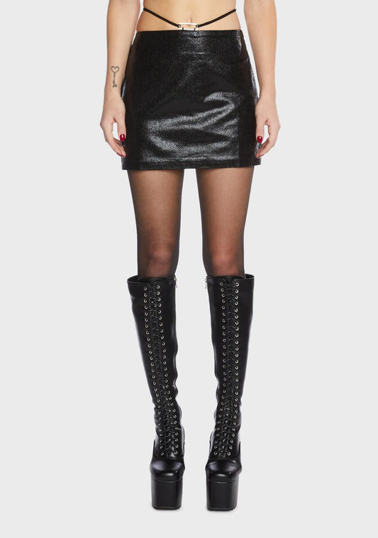 Black Strappy High-Waisted Vegan Leather Mini Skirt