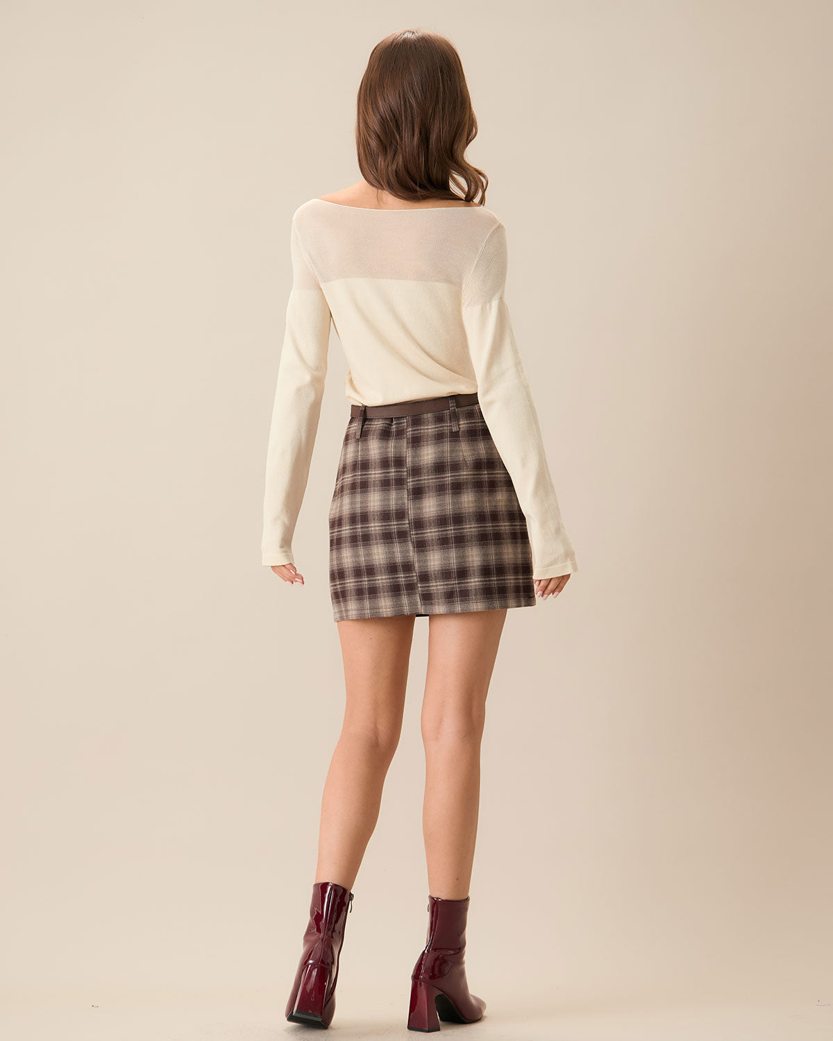 Coffee Brown Plaid Straight-Cut Mini Skirt with Zipper Detail