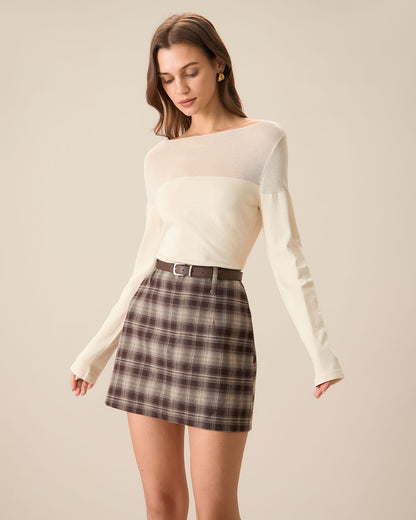 Coffee Brown Plaid Straight-Cut Mini Skirt with Zipper Detail