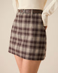 Coffee Brown Plaid Straight-Cut Mini Skirt with Zipper Detail