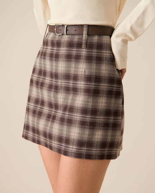Coffee Brown Plaid Straight-Cut Mini Skirt with Zipper Detail