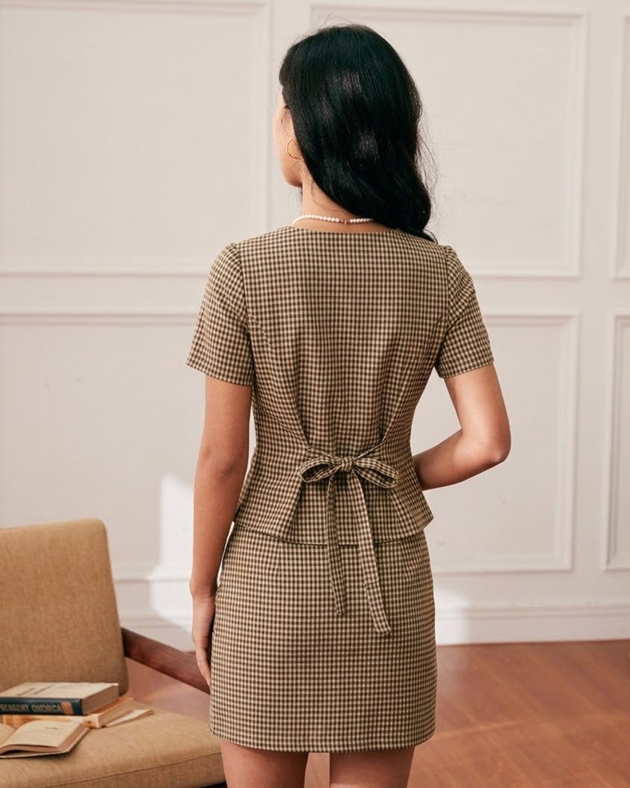 Brown Plaid A-Line Mini Skirt with Pockets