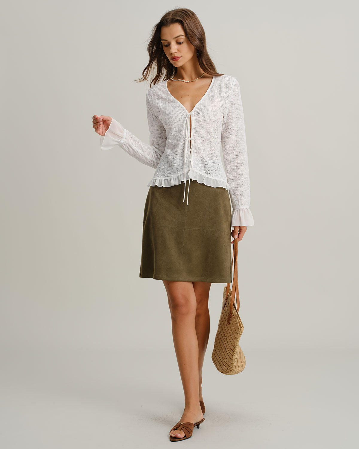 Army Green Faux Suede Zippered Straight Mini Skirt