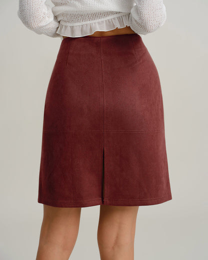 Red Suede Zipper Slit Mini Skirt