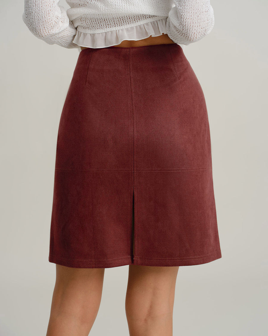 Red Suede Zipper Slit Mini Skirt