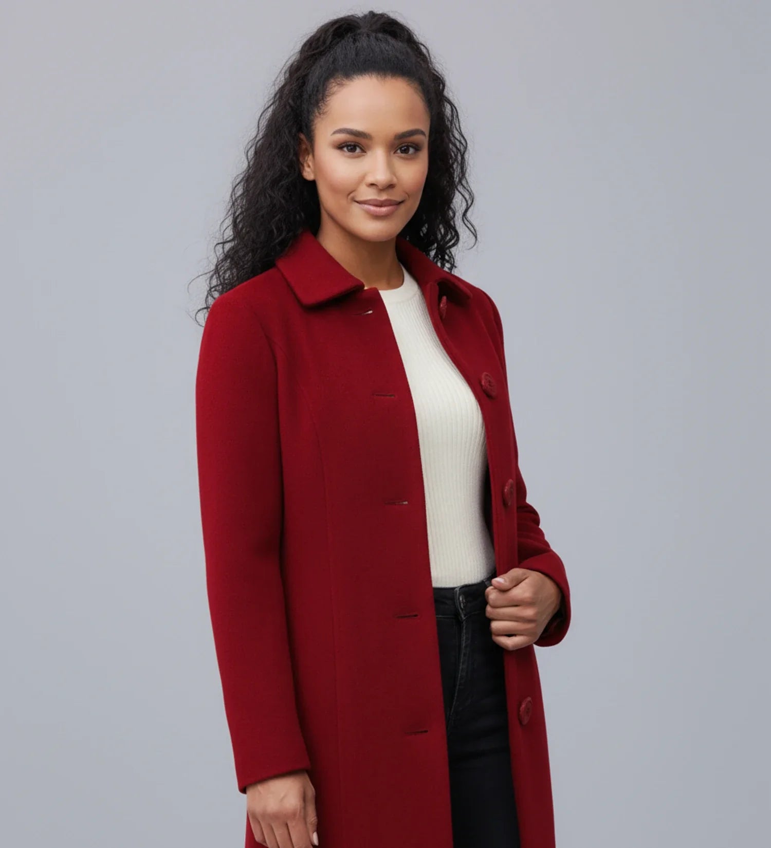 Luvrefashion | Ladies' Winter Trench Coat with Single Breasted Design in Dark Red - side view