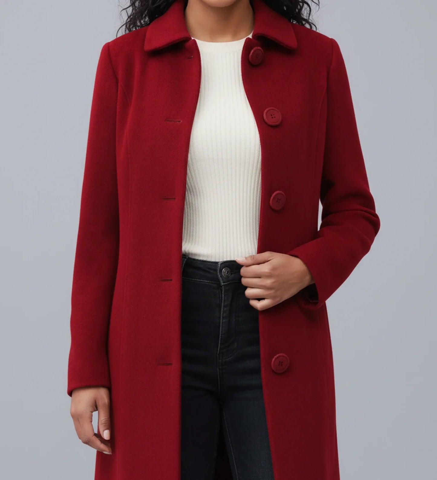 Luvrefashion | Ladies' Winter Trench Coat with Single Breasted Design in Dark Red - back view