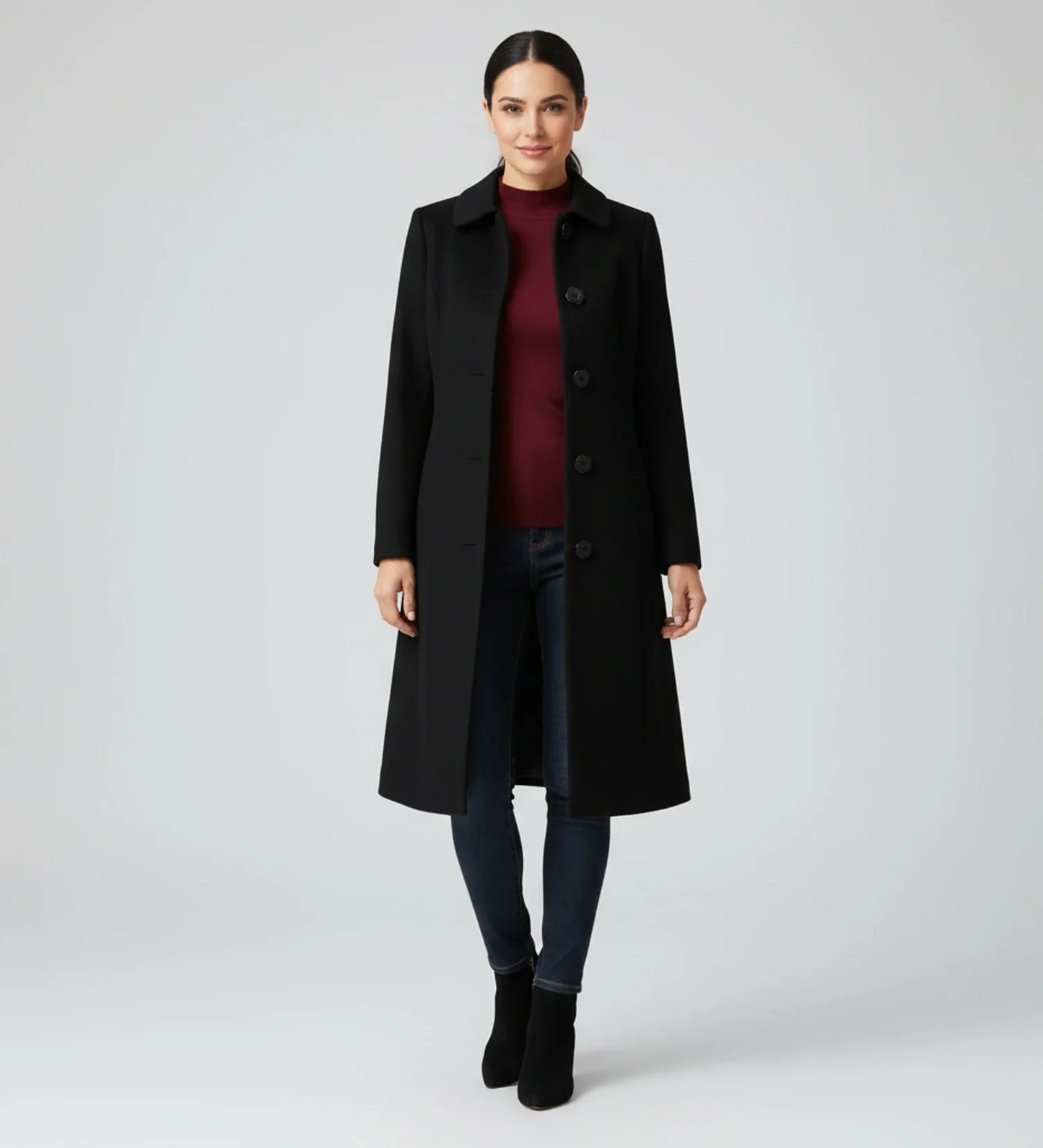 Luvrefashion | Ladies' Winter Trench Coat with Single Breasted Design in Dark Red - detail view