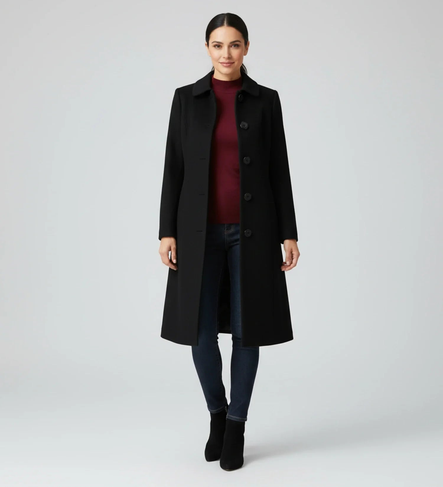 Luvrefashion | Ladies' Winter Trench Coat with Single Breasted Design in Dark Red - detail view