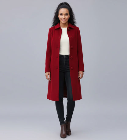 Luvrefashion | Ladies' Winter Trench Coat with Single Breasted Design in Dark Red - front view