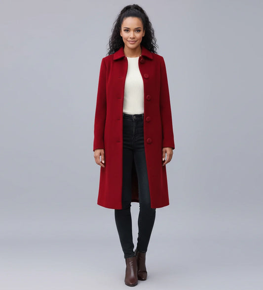Ladies' Winter Trench Coat with Single Breasted Design in Dark Red - front view