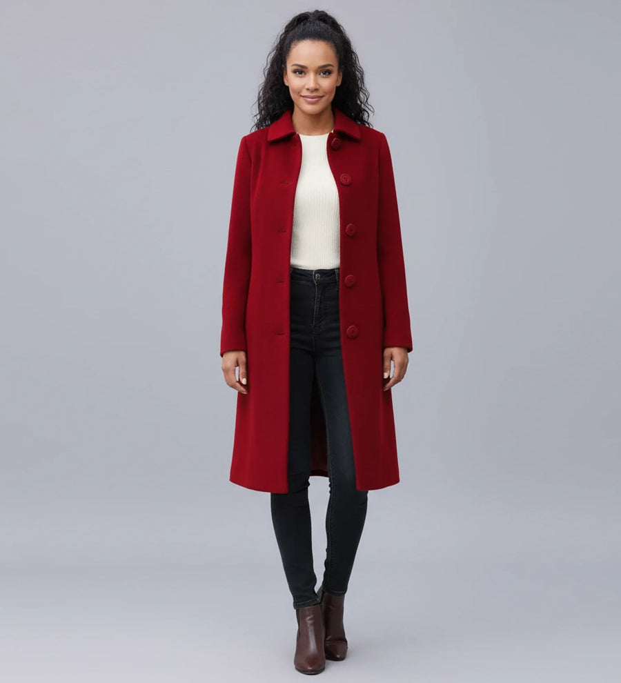 Luvrefashion | Ladies' Winter Trench Coat with Single Breasted Design in Dark Red - front view