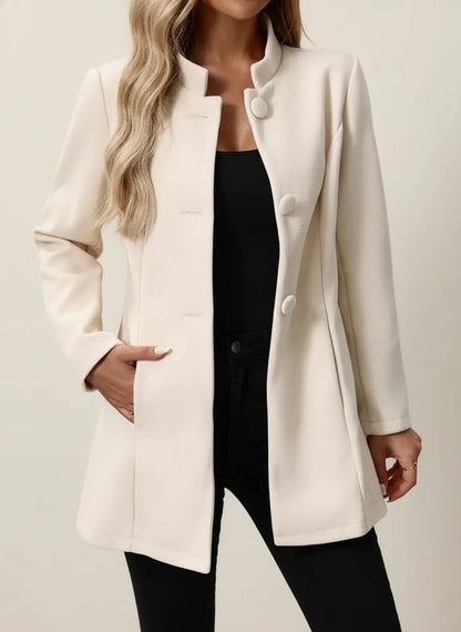 A Line Jacket with Mandarin Collar in Beige - front view