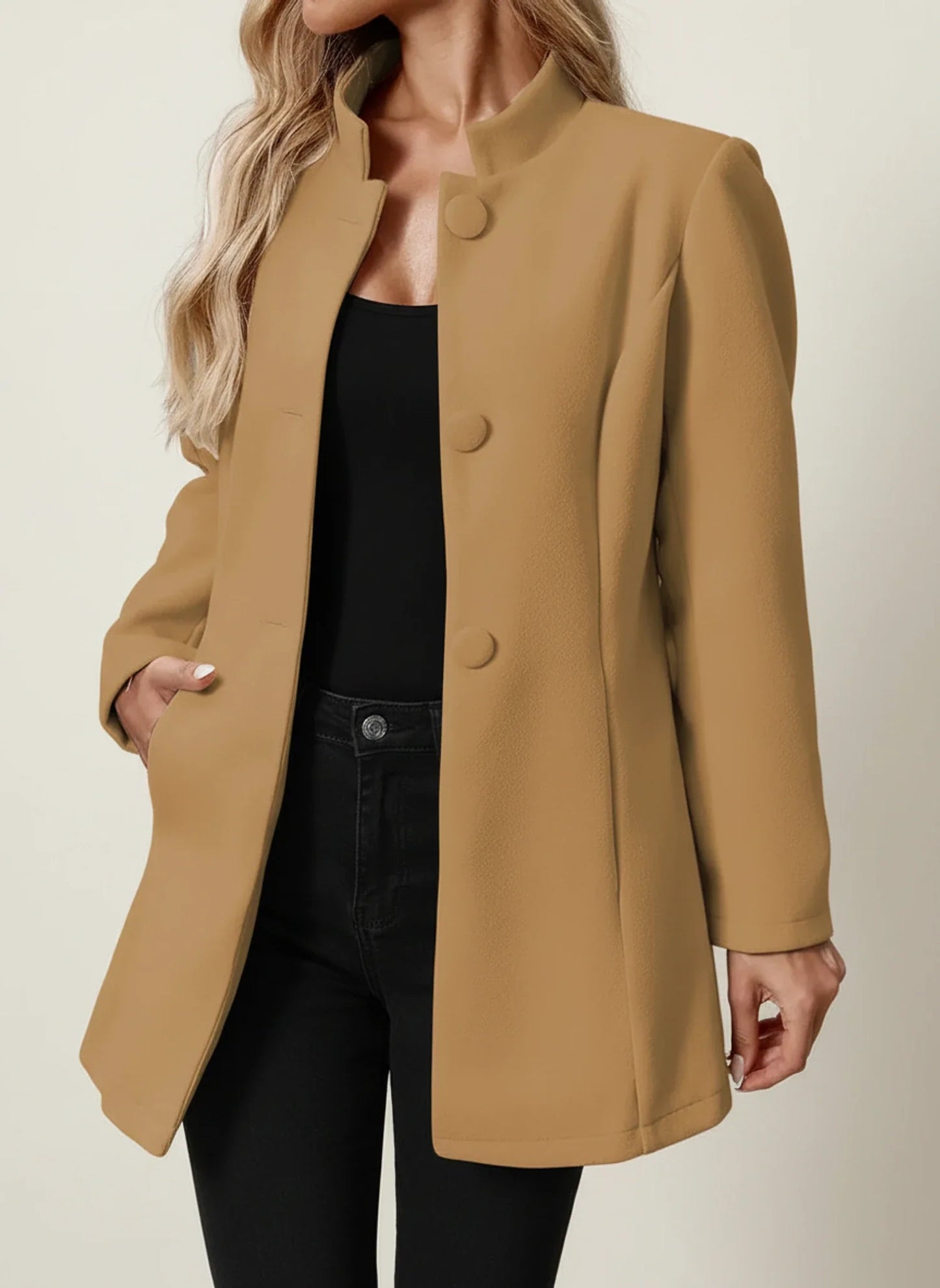 A Line Jacket with Mandarin Collar in Beige - image 8