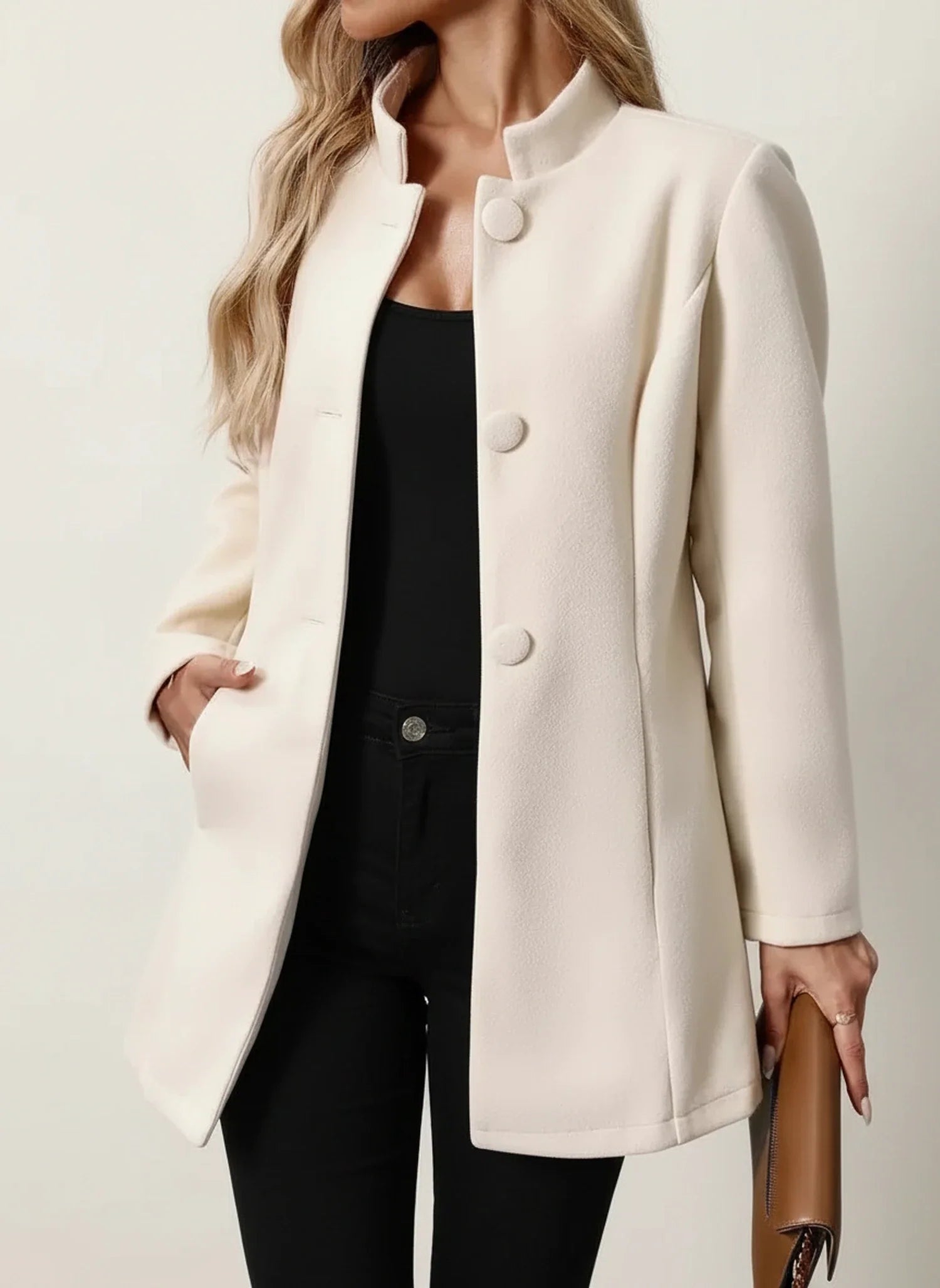 A Line Jacket with Mandarin Collar in Beige - side view