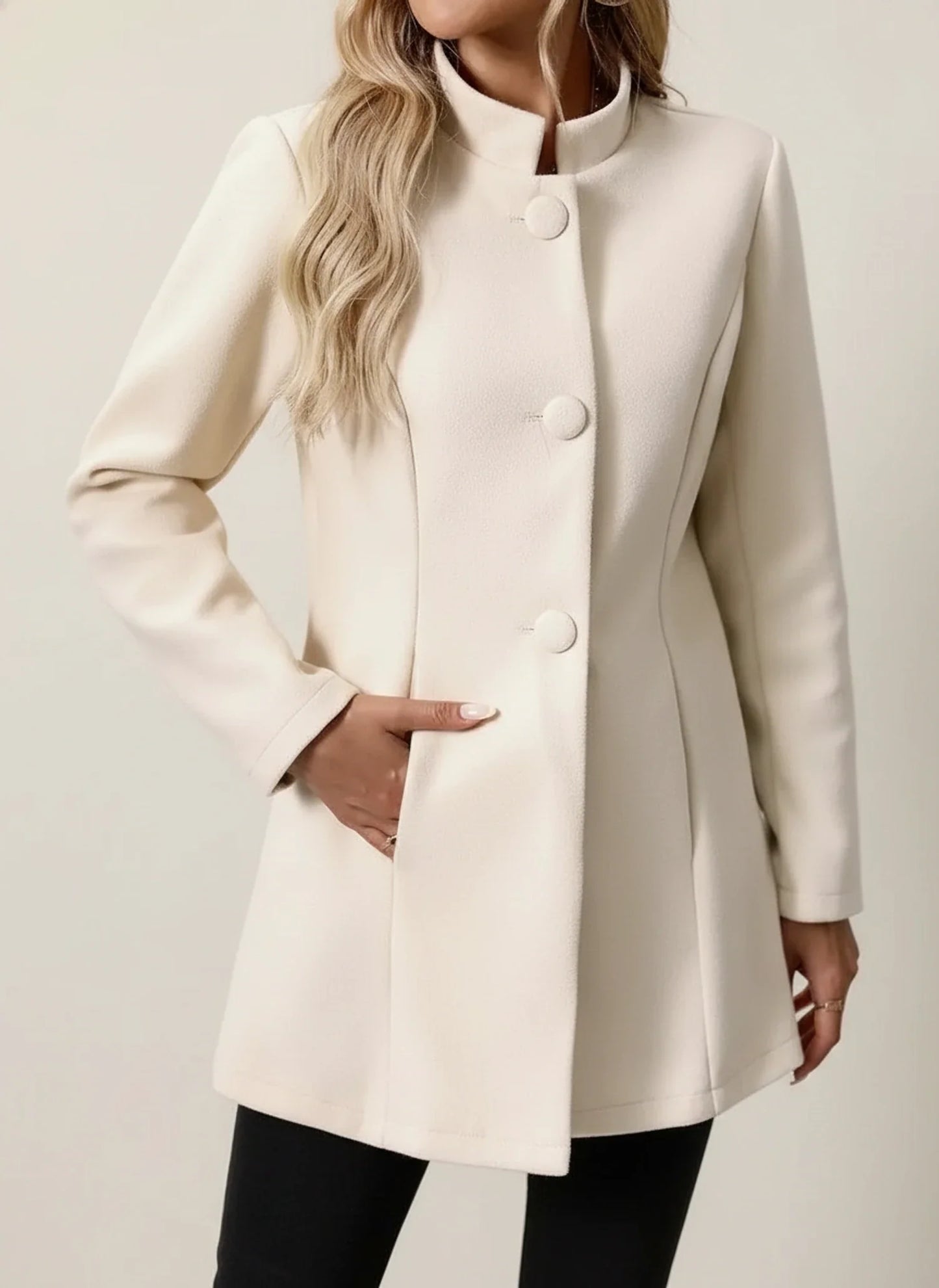 A Line Jacket with Mandarin Collar in Beige - back view